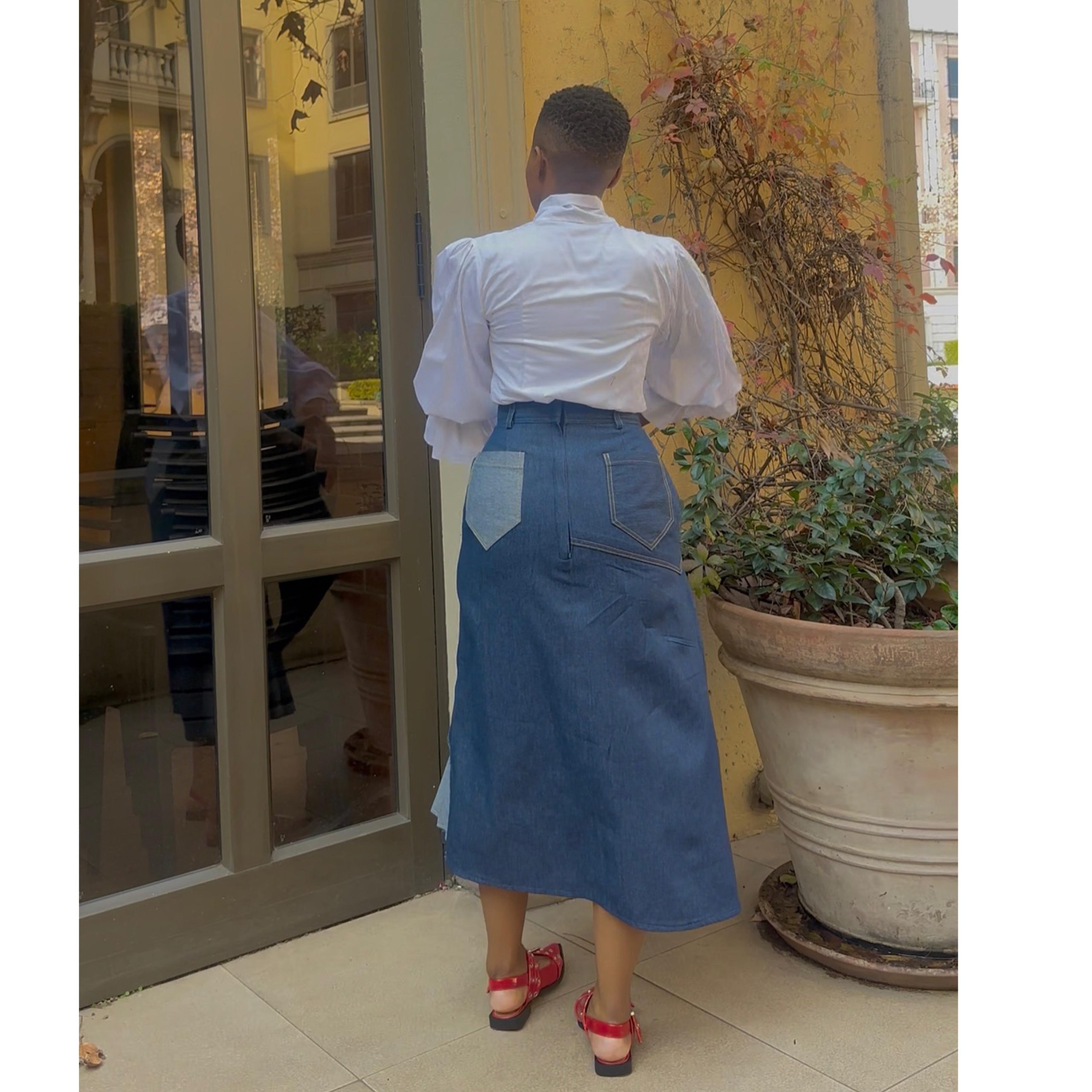 Denim Skirt with Asymmetric Pleat Detail - Image 2